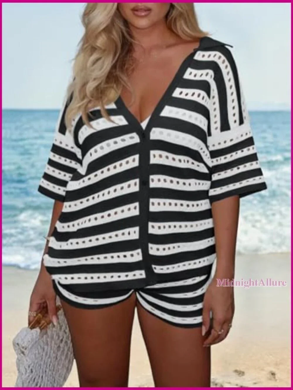 Women's Crochet Swimsuit Coverup 2 Piece Set Knit Button Shirt Shorts
